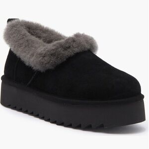 New! UGG Nita Black Suede Platform Slip-On with Gray Shearling Trim Size 9